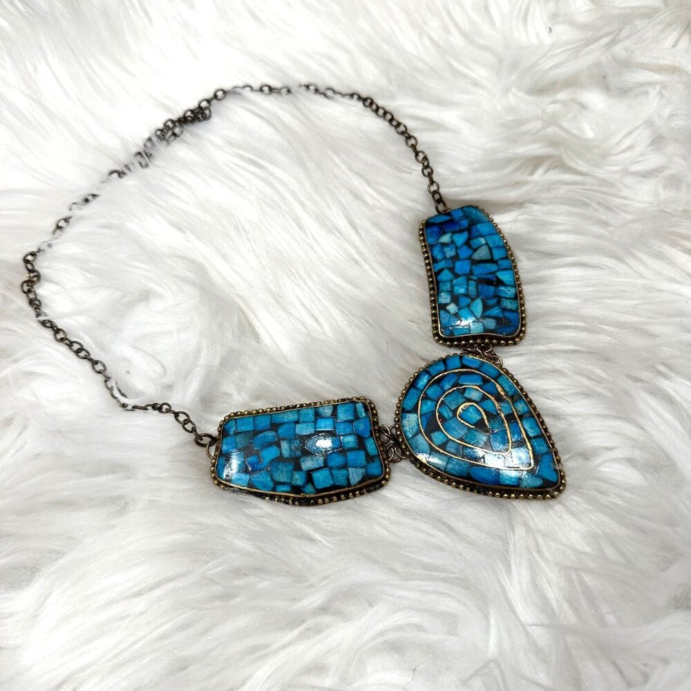 Vintage Mosaic Artisan Turquoise Necklace Southwestern Gold Brass Tone Art